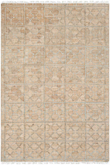 Close-up of the hand woven Rice Dusty Sage Fringed Jute Carpet. Natural jute rug with cream, tan, and dusty sage geometric pattern. Design-Rectangle-69