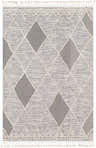 Close-up of the Norvelt rug. Black, gray, and ivory diamond pattern with tassels. Bohemian style rug. Design-Rectangle-5373