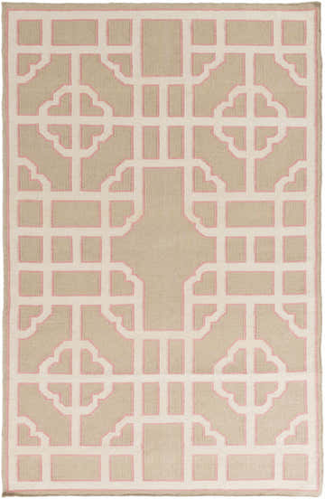 Close-up of the hand-woven Nova Area Rug. Beige wool rug with a contemporary geometric pattern outlined in light pink. Design-Rectangle