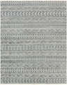 Close-up of the Normanhurst Area Rug. Hand-knotted wool and viscose rug with a bohemian-inspired charcoal, ivory, and sage pattern. Design-Rectangle-69