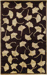 Close-up of the Northglenn Area Rug showing a dark purple background with a leaf pattern in brass and tan. Hand-knotted wool rug. Design-Rectangle-58