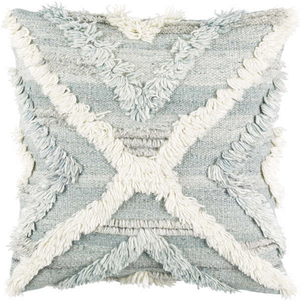 Icelin Ice Blue Fringed Textured Cottage Farmhouse Rayon Accent Pillow - Clearance