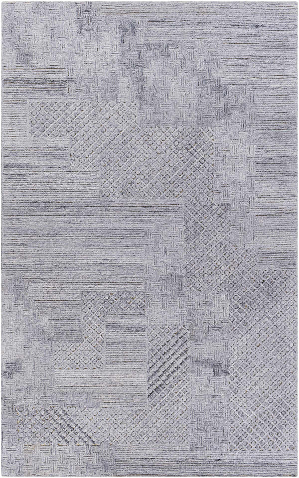 Close-up of the Boxholm Gray rug featuring charcoal and light gray tones with hand-tufted geometric and linear patterns. Design-Rectangle-576