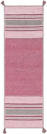 Hand woven cotton Northorpe Area Rug with pink hues, geometric patterns, and tassel details. Farmhouse style. Design-Runner-268