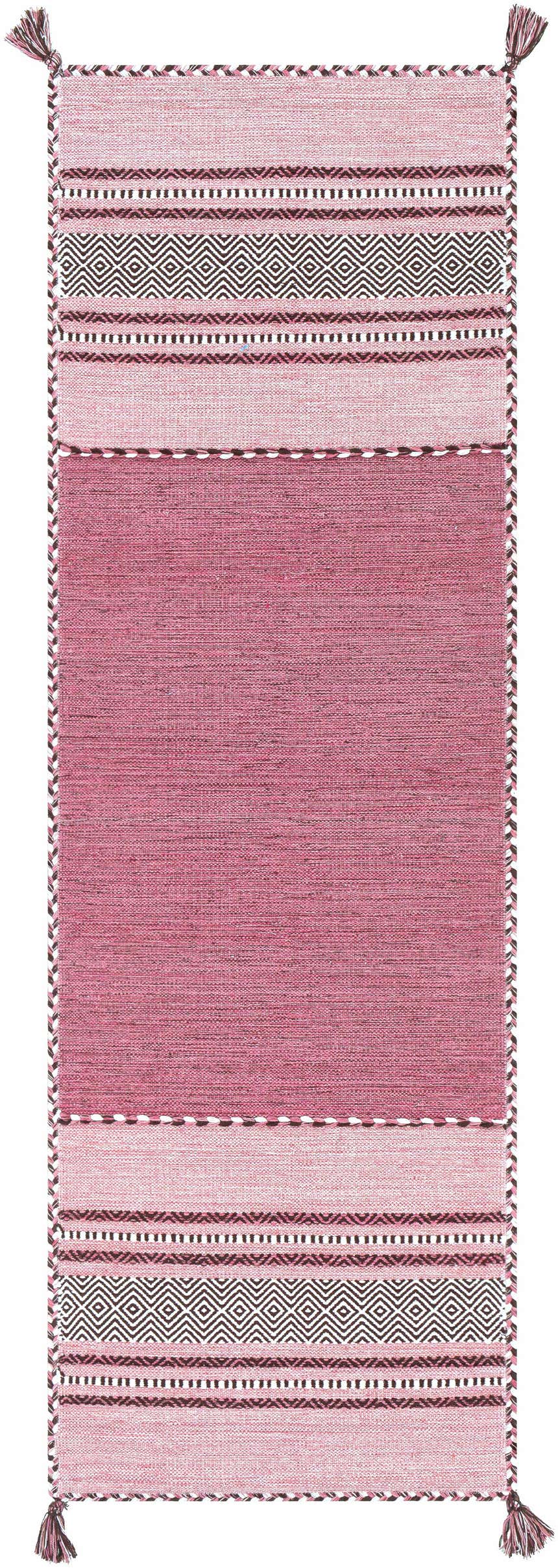 Hand woven cotton Northorpe Area Rug with pink hues, geometric patterns, and tassel details. Farmhouse style. Design-Runner-268