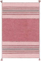 Close-up of the Northorpe Area Rug. Hand-woven cotton rug in burgundy, pink, and white with geometric and striped patterns. Design-Rectangle-576