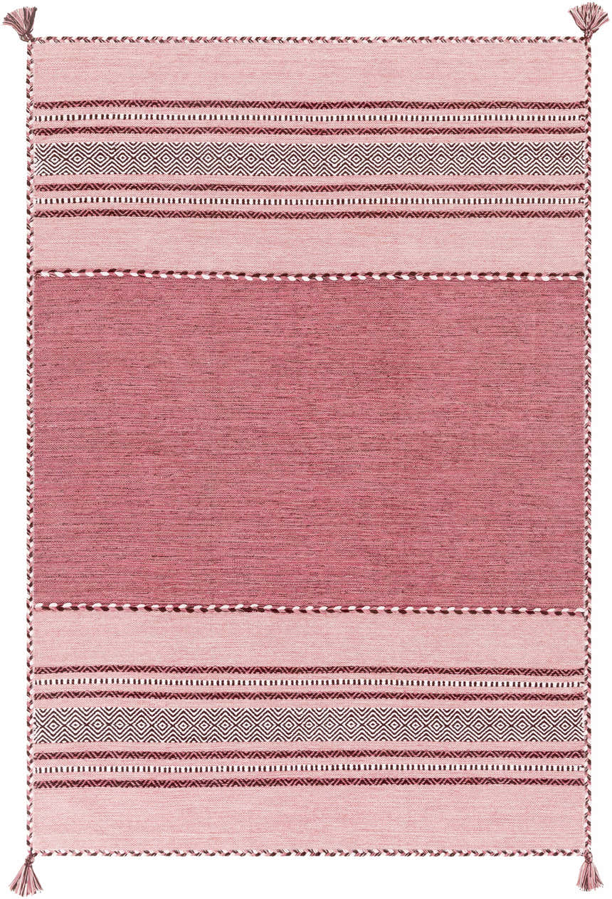 Close-up of the Northorpe Area Rug. Hand-woven cotton rug in burgundy, pink, and white with geometric and striped patterns. Design-Rectangle-576