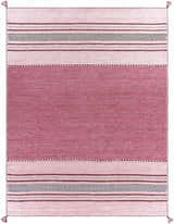 Close-up of the hand woven Northorpe Area Rug. Burgundy, pink, and white stripes with diamond pattern. Tassels on corners. Design-Rectangle-810