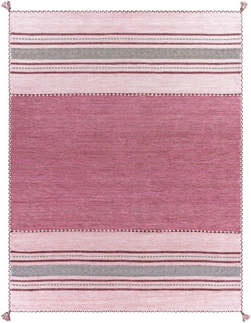 Close-up of the hand woven Northorpe Area Rug. Burgundy, pink, and white stripes with diamond pattern. Tassels on corners. Design-Rectangle-810