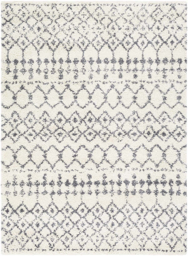 Close-up of the White Gray Navassa Rug with a geometric bohemian pattern and soft shag texture. Design-Rectangle-5373