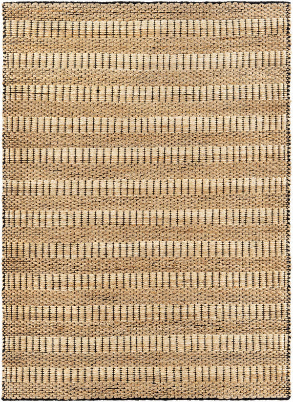 Close-up of a Beige Numurkah Braided Jute Area Rug featuring a striped pattern with black accents and a textured, hand-woven design. Design-Rectangle-576