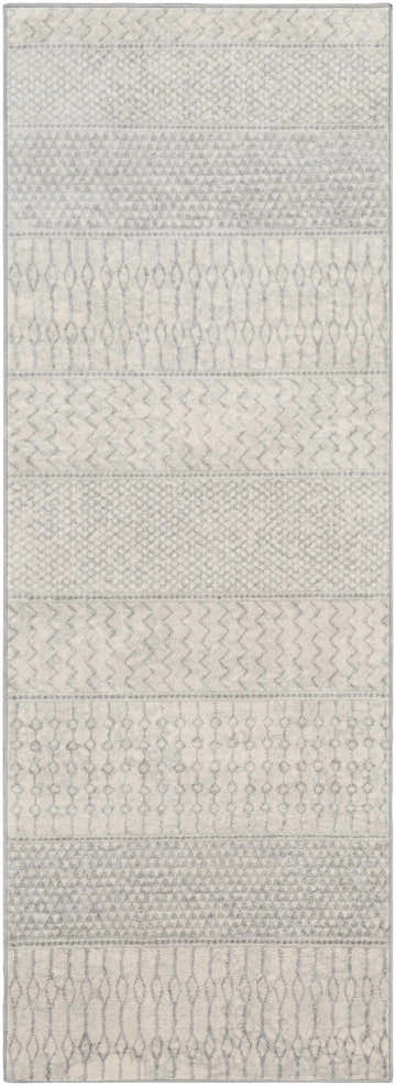 Close-up of the Nunda Gray Rug, a machine-woven rug with gray and ivory geometric patterns. Contemporary style. Design-Runner-2773