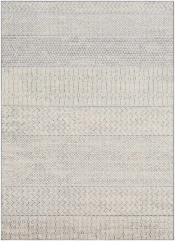 Close-up of the Nunda Gray Rug. Contemporary style with gray, ivory, and silver gray geometric patterns and machine-woven texture. Design-Rectangle-5373