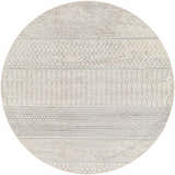 Round Nunda Gray Rug with geometric patterns in gray and ivory. Contemporary style. Design-Round-67