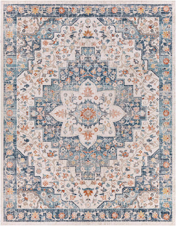Detailed Invermere Outdoor Rug close-up. Cream rug with brick red, denim, and navy floral and geometric patterns. Design-Rectangle-71010