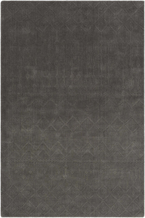 Close-up of the charcoal Newtonhill Clearance Rug. Hand-loomed wool rug with subtle geometric farmhouse pattern. Design-Rectangle-576