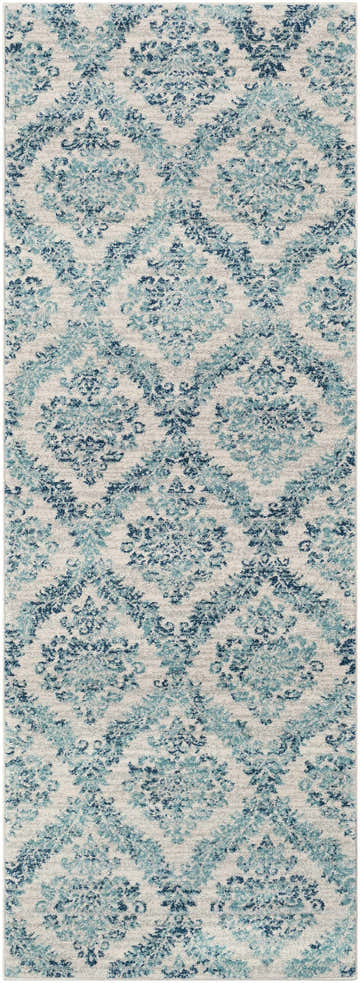 Close-up of the Oaklyn Teal Floral Diamonds Rug, featuring a traditional floral pattern in teal, navy, and ivory. Design-Runner-2773