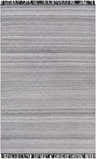Close-up of the hand woven Ocampo Area Rug. Black, charcoal, and gray horizontal stripes with fringe. Design-Rectangle-576
