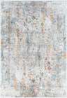 Ochlock Textured Luxe Area Rug close-up: distressed bohemian pattern in blue, brick red, brown, and light gray. Design-Rectangle-573