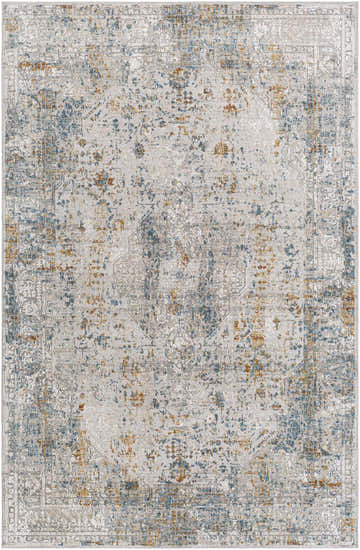 Close-up of the Ochlock Textured Luxe Area Rug. Features a traditional pattern with blue, brown, and light gray tones. Design-Rectangle-6796
