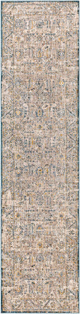 Close-up of Odala Luxe Performance Rug. Bohemian style rug in cream, beige, blue, and mustard tones. Traditional pattern. Design-Runner-2710