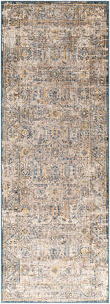 Detailed view of the Odala Luxe Performance Rug. Bohemian style rug in cream, blue, and mustard with a traditional pattern. Design-Runner-2773