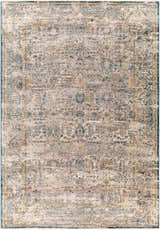Detailed view of the Odala Luxe Performance Rug, featuring a traditional design in cream, blue, and mustard tones. Design-Rectangle-575