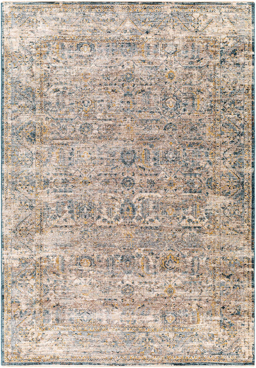 Detailed view of the Odala Luxe Performance Rug, featuring a traditional design in cream, blue, and mustard tones. Design-Rectangle-575