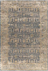 Detailed pattern of the Odala Luxe Performance Rug in denim, beige, and mustard tones. Design-Rectangle-6796