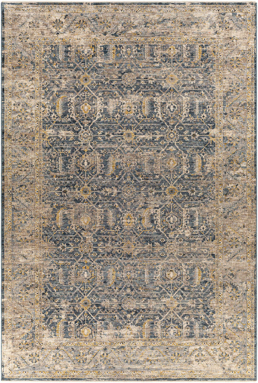Detailed pattern of the Odala Luxe Performance Rug in denim, beige, and mustard tones. Design-Rectangle-6796
