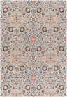 Detailed view of the Oella Area Carpet, showcasing its traditional floral pattern in brick red, blue, beige, and light gray. Design-Rectangle-5373