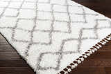 Close-up of the Ogallah Area Rug: a shag rug with a geometric pattern in white and gray, with tassels. Corner