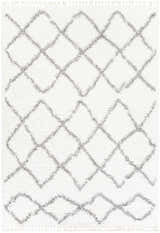 Close-up of the Ogallah Area Rug: a shag rug with a gray diamond pattern and white tassels. Bohemian style. Design-Rectangle-679