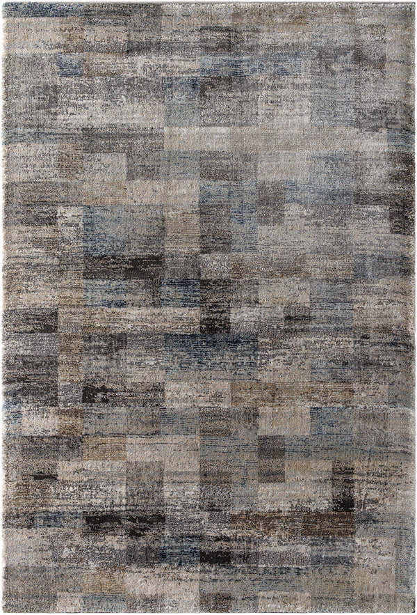 Close-up of the Ohtli Mosaic Luxe Thick Area Rug. Southwestern style with gray, smoke, and blue tones. Machine woven texture. Design-Rectangle-537