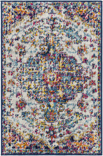 Close-up of the Okarche Area Rug. Features a vintage-inspired design with burgundy, navy, and mustard accents. Design-Rectangle-23