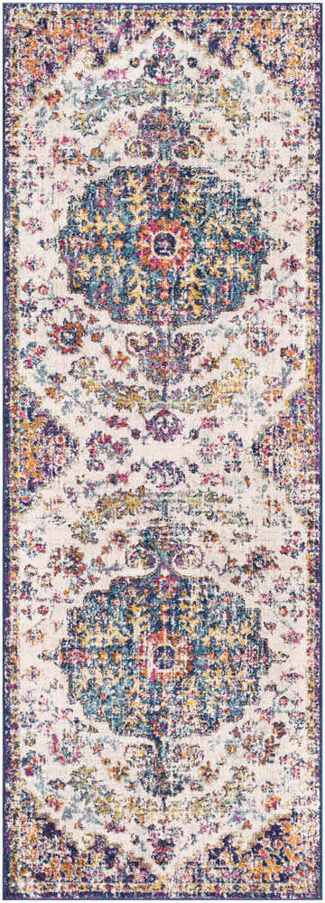 Detailed Okarche Area Rug close-up. Beige rug with navy, teal, mustard, orange, and burgundy traditional pattern. Design-Runner-2773