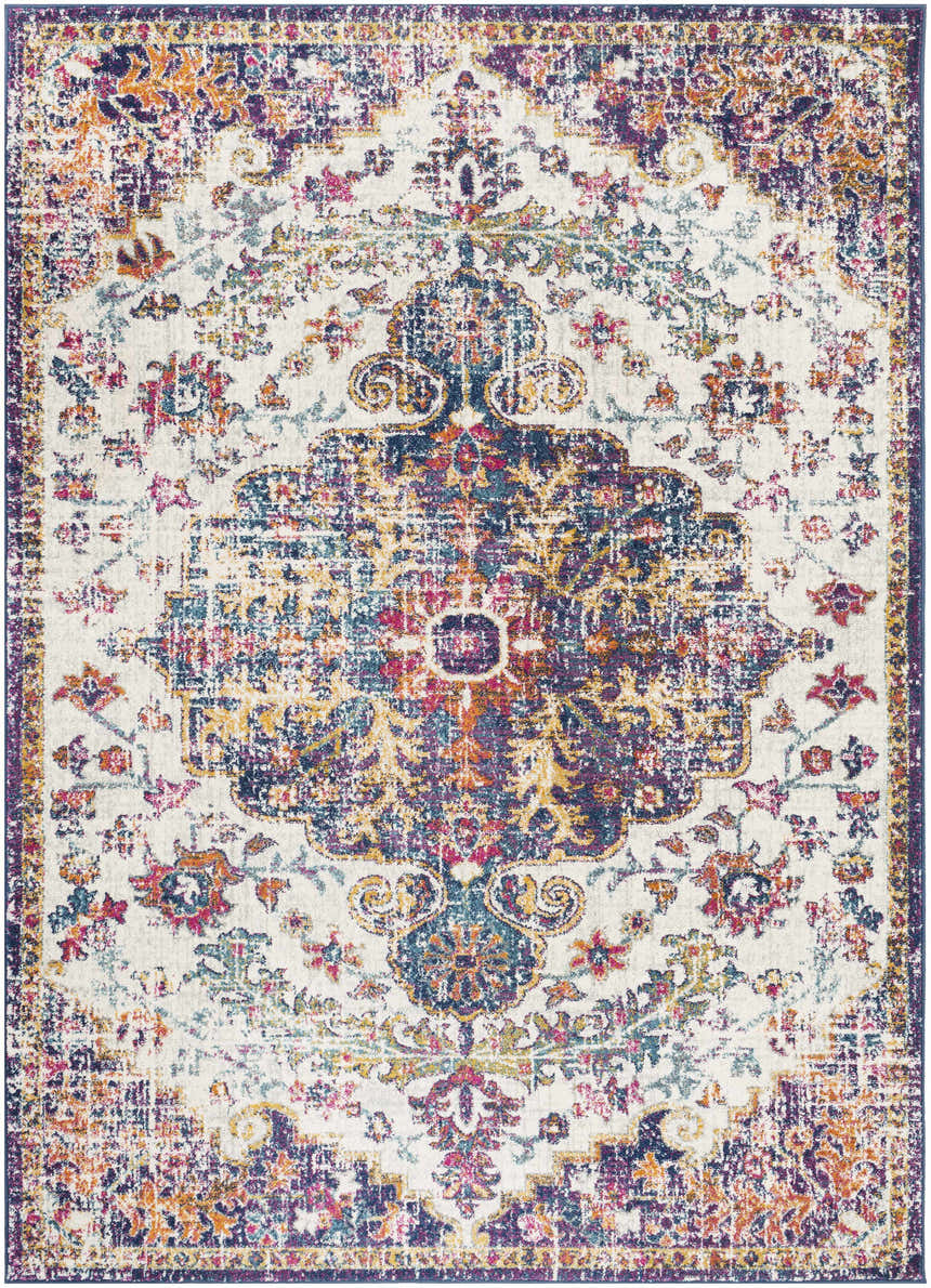 Detailed view of the Okarche Area Rug, a vintage-style rug with burgundy, orange, teal, and navy floral and geometric patterns. Design-Rectangle-5373