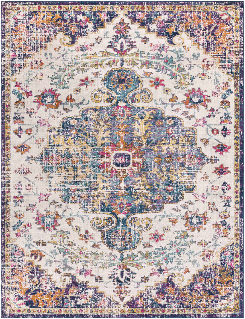 Detailed Okarche Area Rug with a vintage, oriental design in burgundy, teal, navy, mustard, peach, and beige hues. Design-Rectangle-710103