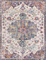Detailed Okarche Area Rug with a vintage, oriental design in burgundy, teal, navy, mustard, peach, and beige hues. Design-Rectangle-710103