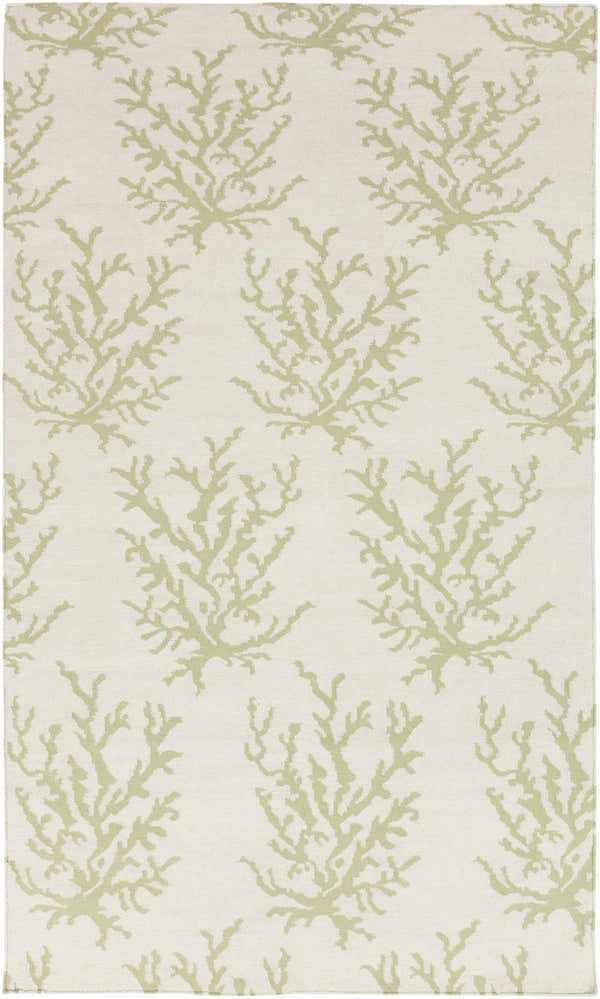 Close-up of the Okeechobee Area Rug. Ivory rug with a light green coral branch pattern. Hand woven wool rug. Design-Rectangle-58