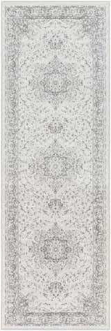 Close-up of the Okehampton Area Rug, a traditional runner in charcoal, light gray, and white. Machine woven polypropylene. Design-Runner-27710