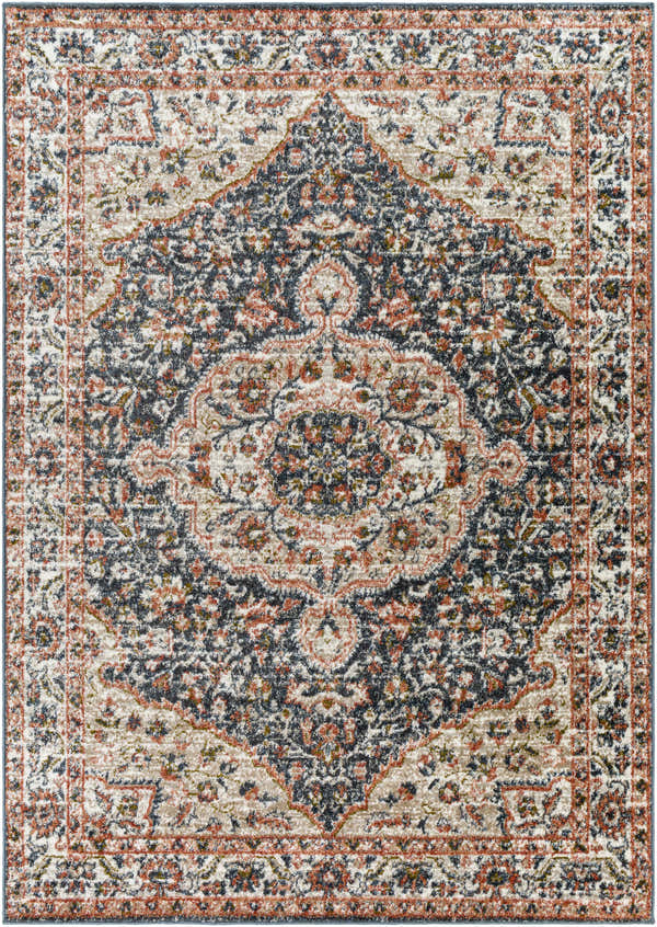 Close-up of the Okiot Traditional Area Rug. Oriental design in arctic stone, clay, dark brown, and white thatch. Machine woven. Design-Rectangle-537