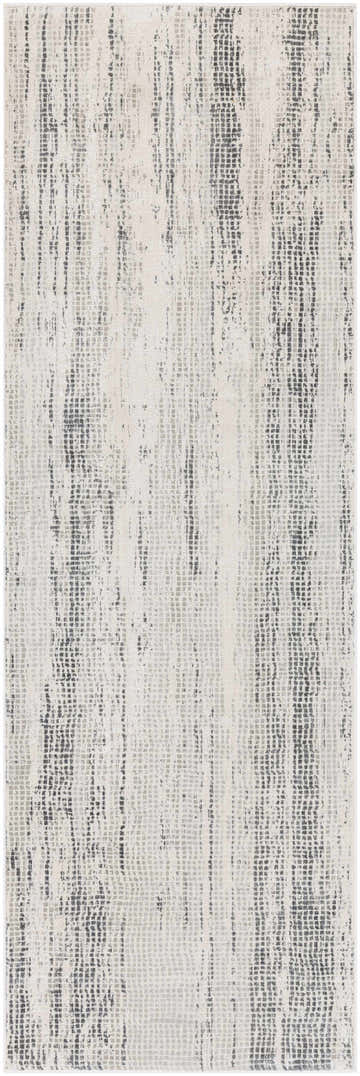 Close-up of the Oklaunion Faux Silk Rug; charcoal, gray, and off-white hues with a contemporary abstract pattern. Design-Runner-2777
