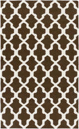 Close-up of the Okoboji Area Rug showing a dark brown and ivory quatrefoil pattern. Hand woven wool rug. Design-Rectangle-58