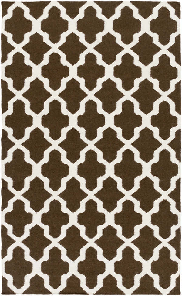 Close-up of the Okoboji Area Rug showing a dark brown and ivory quatrefoil pattern. Hand woven wool rug. Design-Rectangle-58