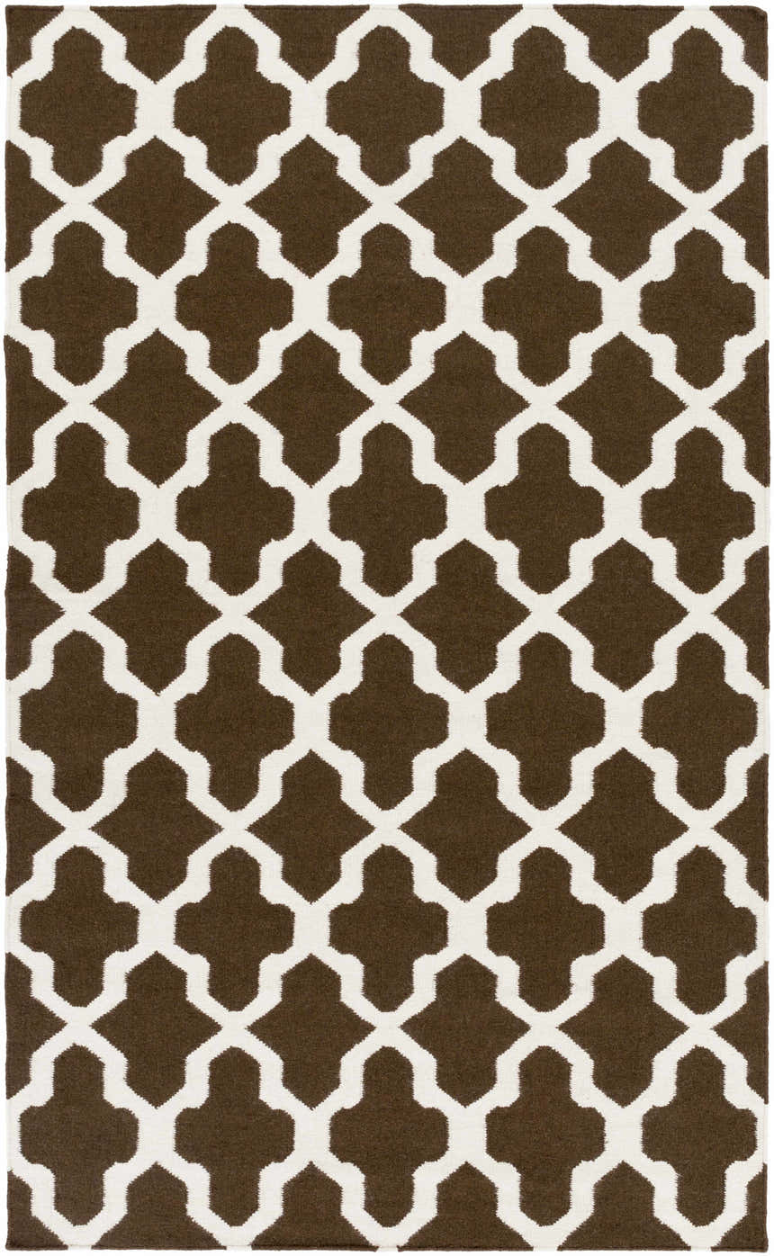 Close-up of the Okoboji Area Rug showing a dark brown and ivory quatrefoil pattern. Hand woven wool rug. Design-Rectangle-58