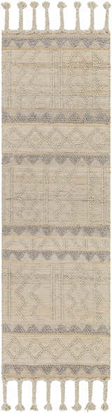 Close-up of the Okurcalar Area Carpet. Hand-woven jute and wool rug with gray and tan geometric patterns and braided tassels. Design-Runner-268