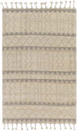 Close-up of the Okurcalar Area Carpet. Hand woven jute and wool rug with gray and tan geometric pattern and tassels. Design-Rectangle-576