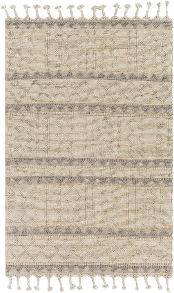 Close-up of the Okurcalar Area Carpet. Hand woven jute and wool rug with gray and tan geometric pattern and tassels. Design-Rectangle-576