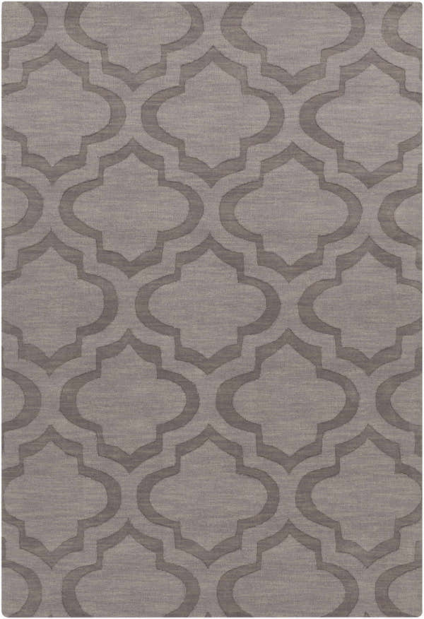 Close-up of the hand-loomed Oley Area Rug. Wool rug in charcoal and taupe with a contemporary quatrefoil pattern. Design-Rectangle-576
